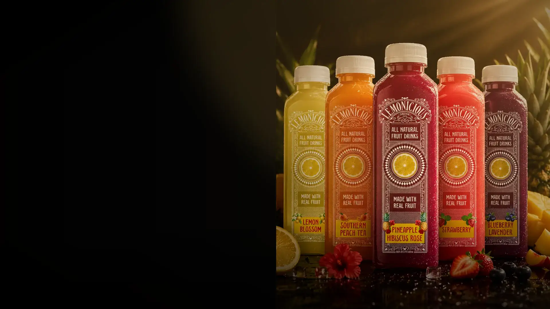 Five Lemonicious fruit drink bottles with fresh fruit on a dark luxury background