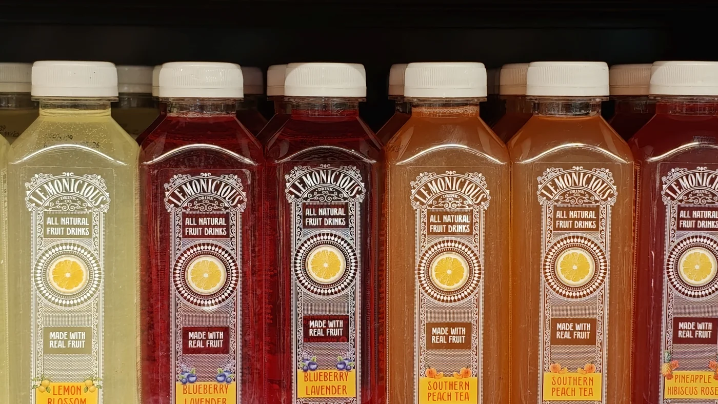 Lemonicious fruit infusions stocked cold on a retail shelf