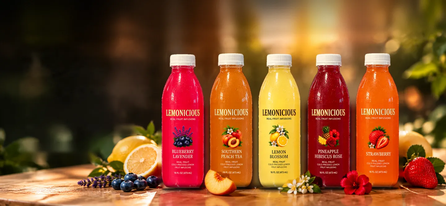 Five Lemonicious fruit infusions, Blueberry Lavender, Southern Peach Tea, Lemon Blossom, Pineapple Hibiscus Rose and Strawberry, on a sunlit garden table with fresh fruit