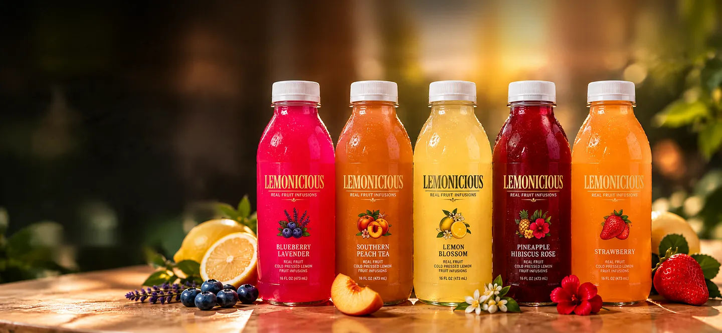 Five Lemonicious fruit infusions, Blueberry Lavender, Southern Peach Tea, Lemon Blossom, Pineapple Hibiscus Rose and Strawberry, on a sunlit garden table with fresh fruit