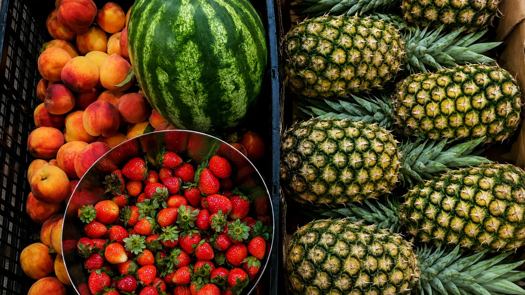 Fresh peaches, strawberries, watermelon, and pineapples used for Lemonicious fruit infusions