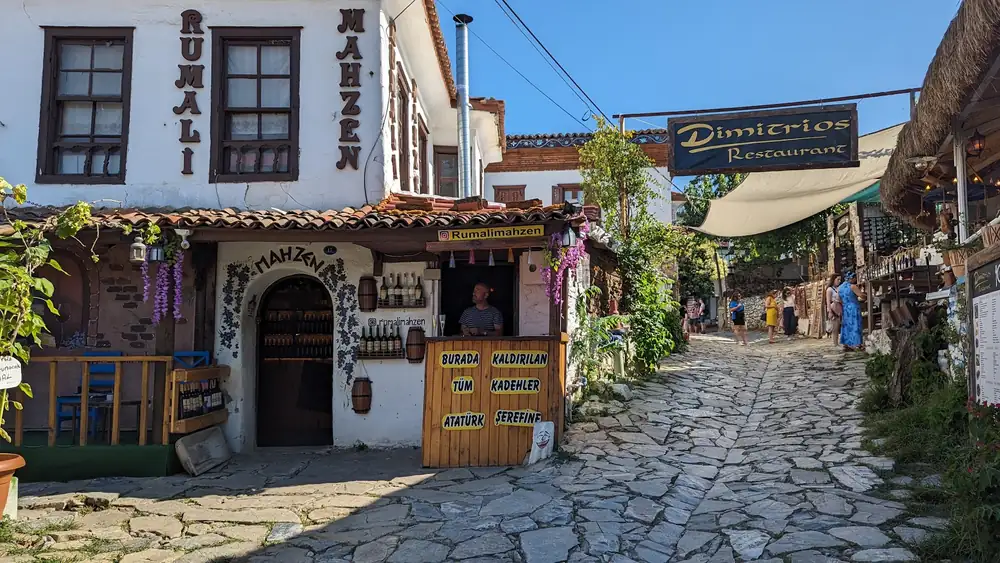 A stone street and traditional storefronts in Türkiye